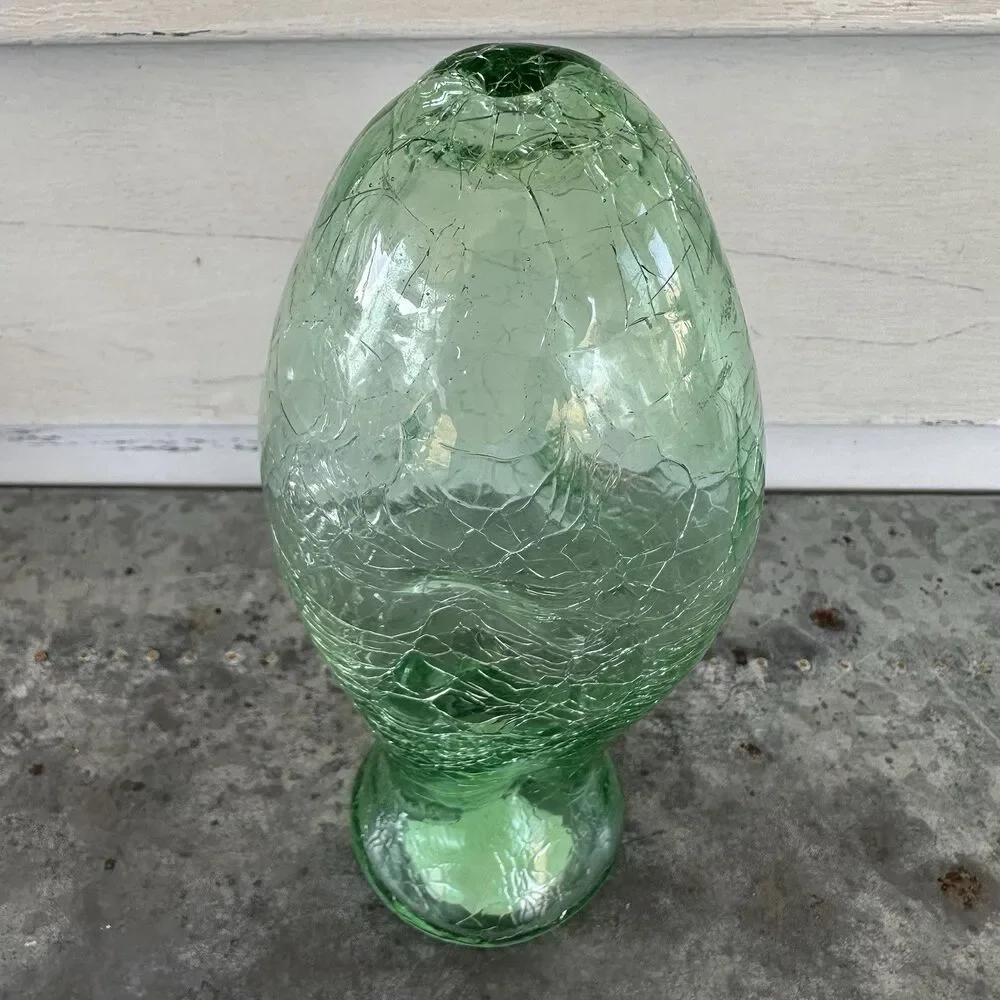 Vintage Pier 1 Green Crackle Glass Oil Lamp Base Vessel Urn Candle Holder 8”